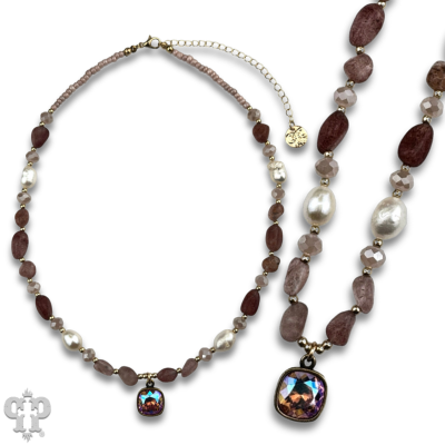 Quartz and freshwater pearl necklace with Austrian crystal