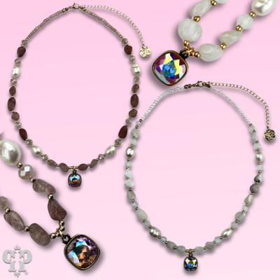 Quartz and freshwater pearl necklace with Austrian crystal