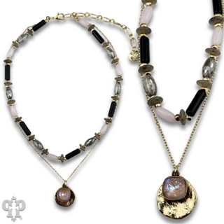 Mixed bead necklace with disc charm and Austrian crystal