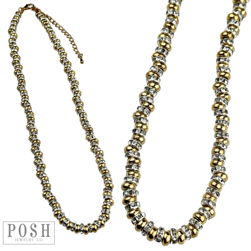Gold saucer bead and clear rhinestone necklace