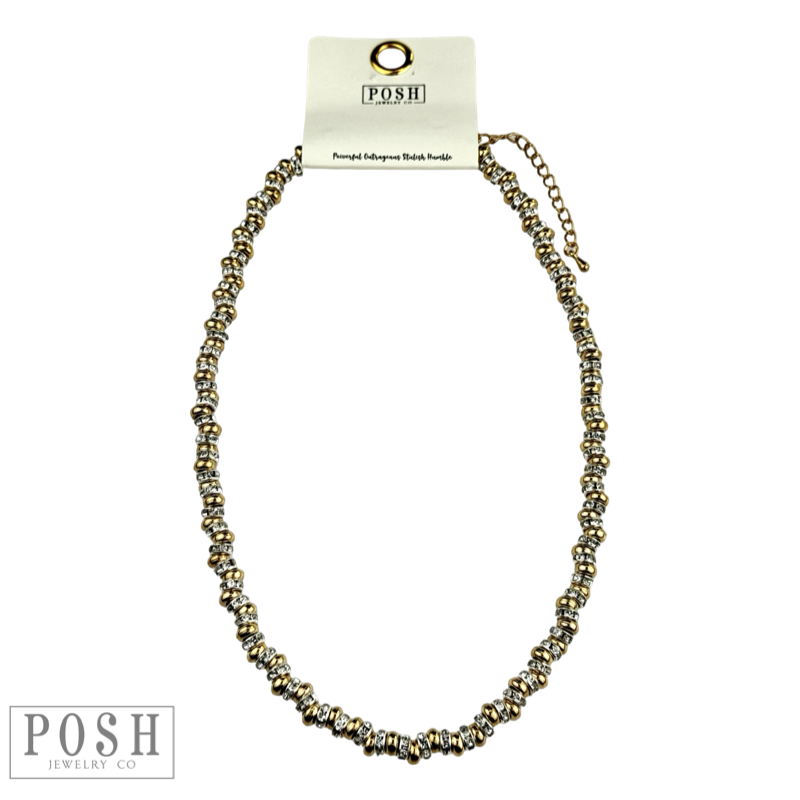 Gold saucer bead and clear rhinestone necklace