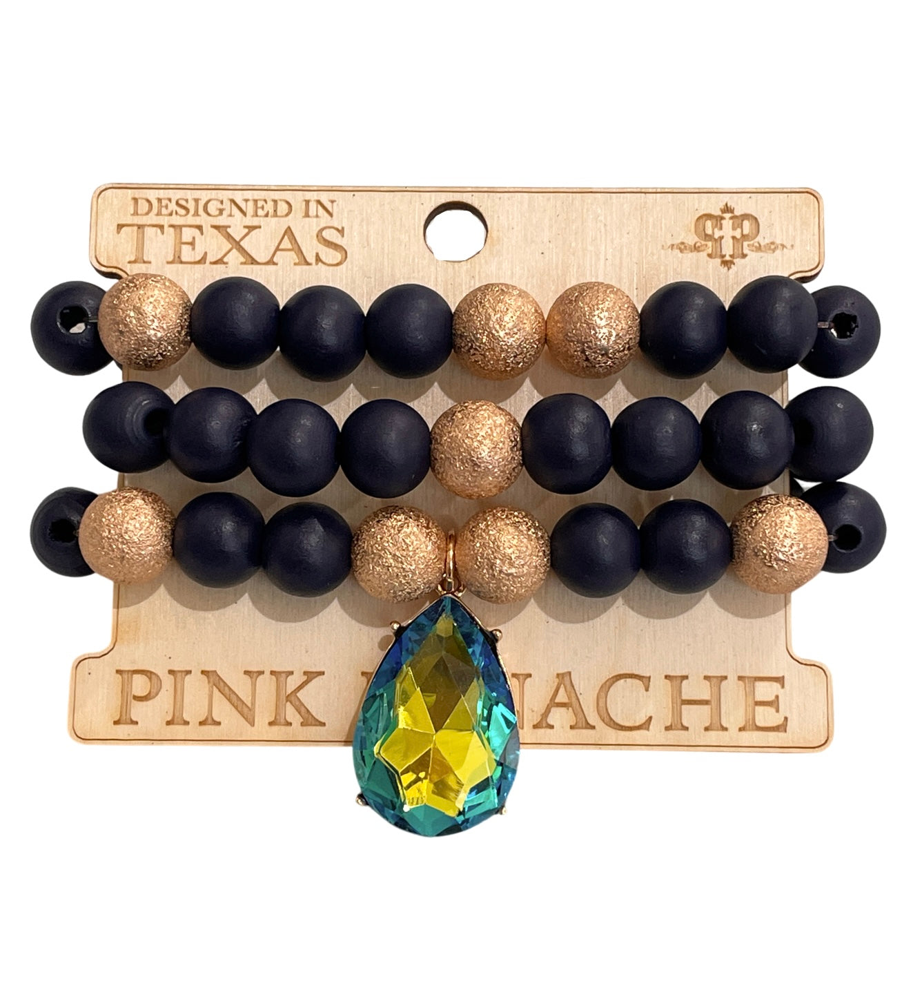 Large wood and foil texture bead bracelet stack with rhinestone charm
