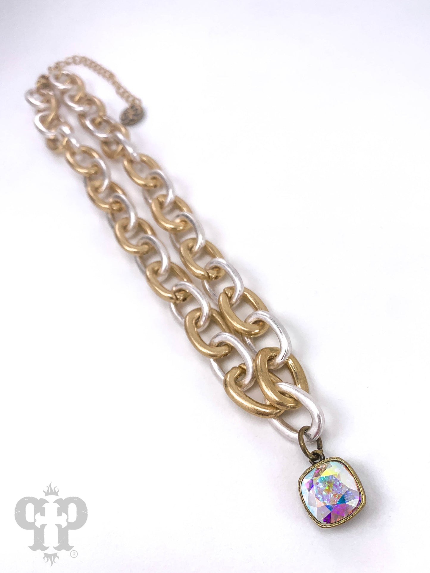 Two tone link necklace with Austrian crystal
