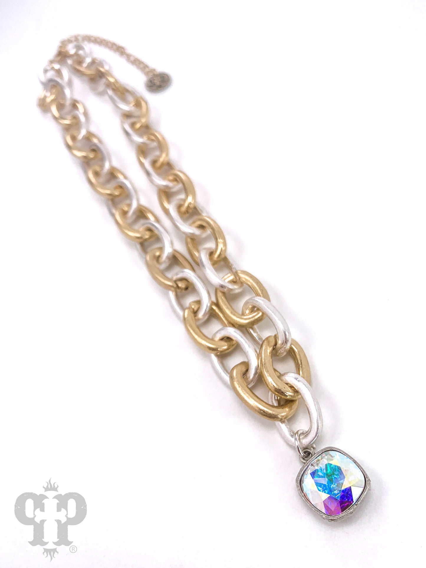 Two tone link necklace with Austrian crystal