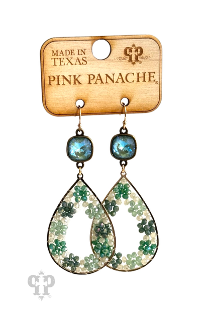 Seed bead flowers in a teardrop earring with Austrian crystal