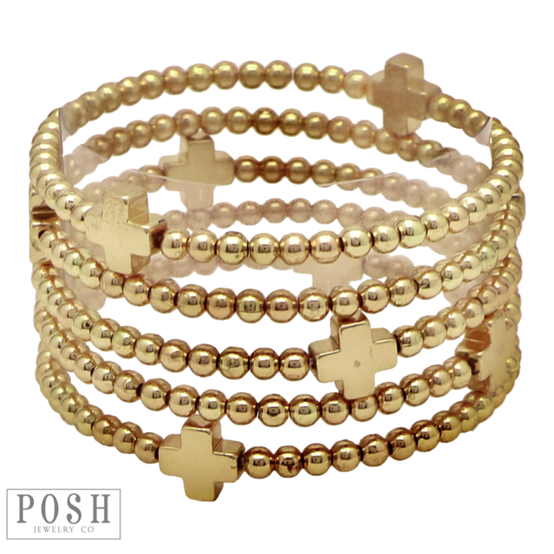 Beads and cross charm stack bracelet
