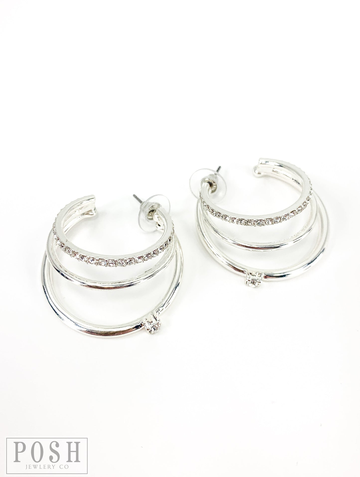 Silver triple hoop earring with clear rhinestones, last call