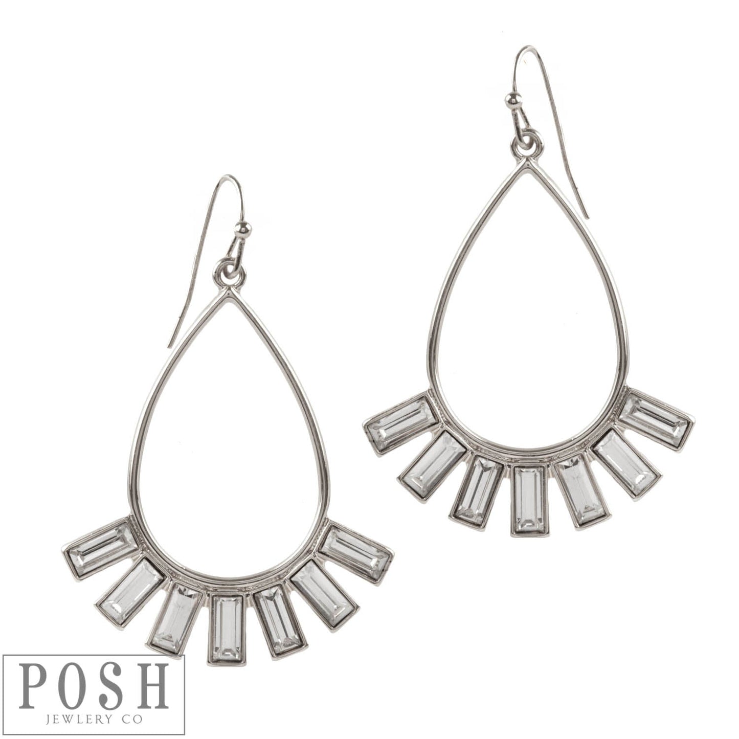 Silver teardrop earring with clear rectangle rhinestones, last call