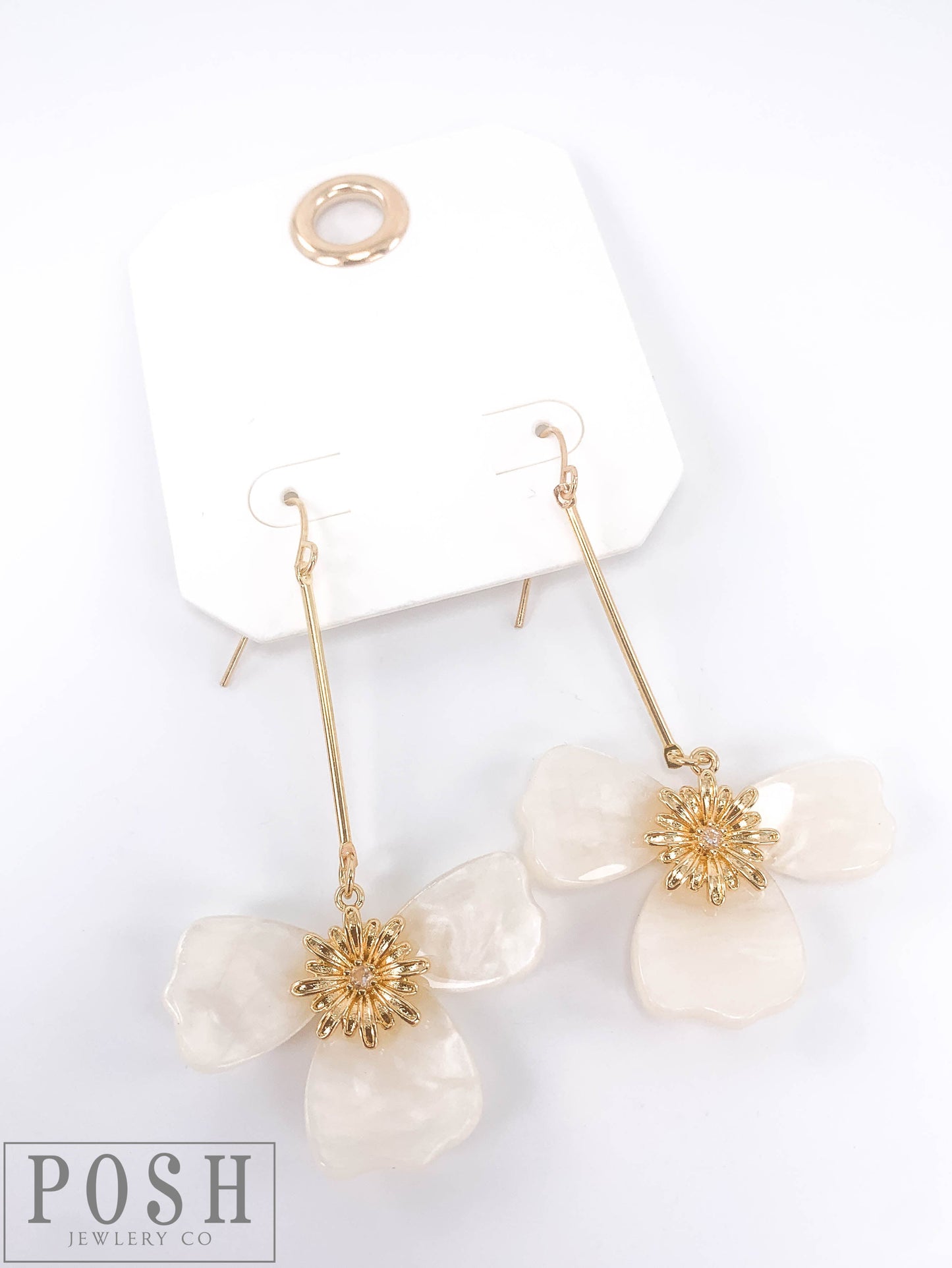 Three-petal flower on bar earring, last call