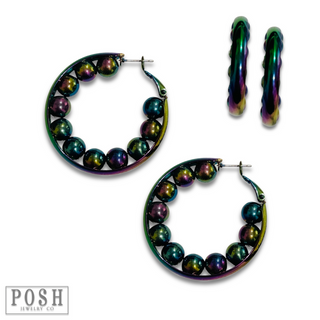 Iridescent hoop earring with beads