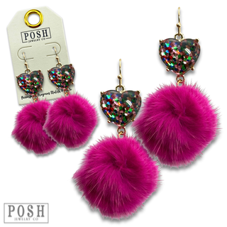 Valentine mosaic heart and puff ball earring