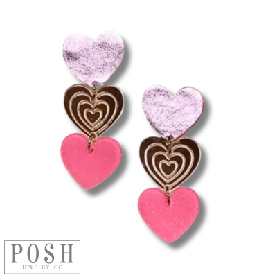 Pink triple heart earring