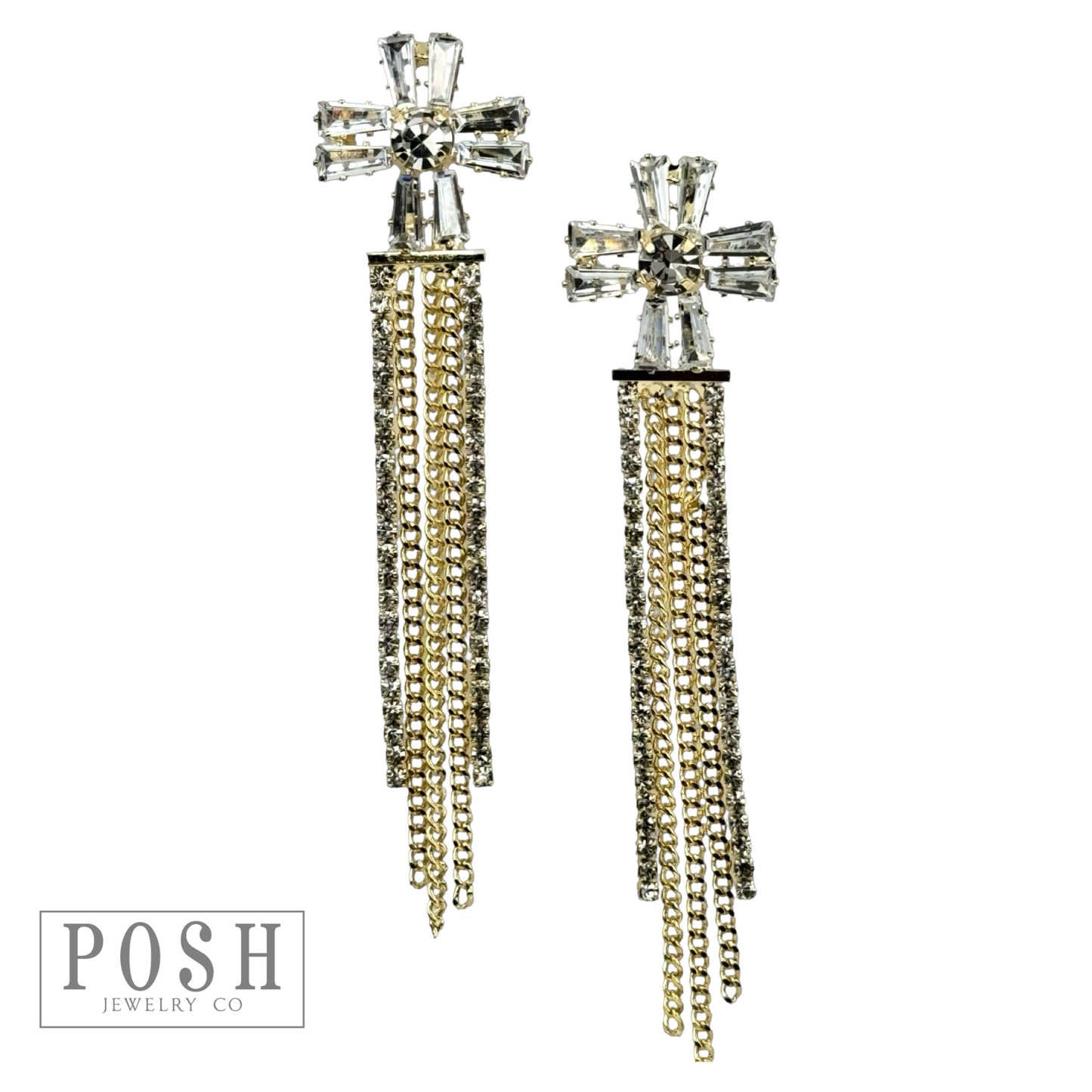 Rhinestone cross, fringe earring