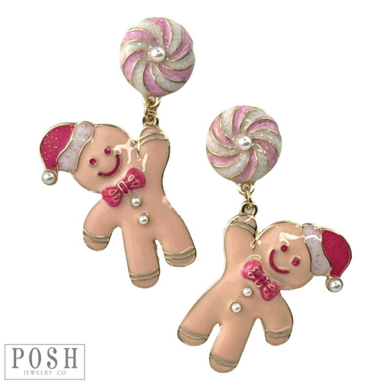 Gingerbread man on peppermint swirl post earring