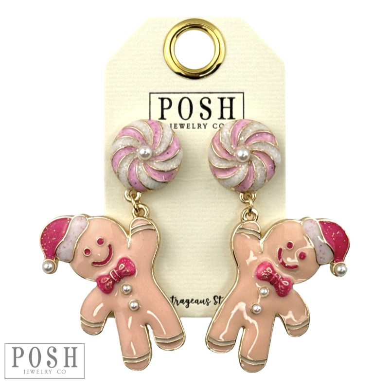 Gingerbread man on peppermint swirl post earring
