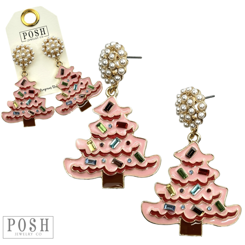 Pink enamel Christmas tree earrings