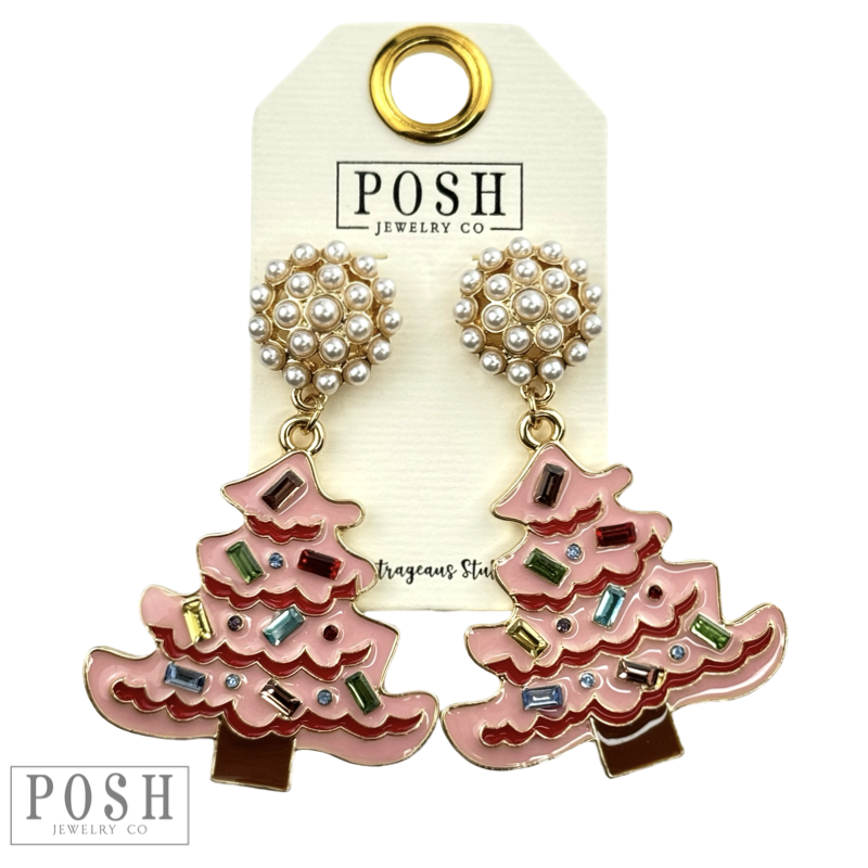 Pink enamel Christmas tree earrings