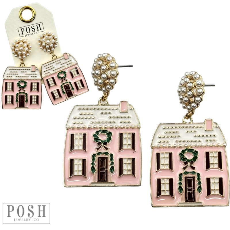 Pink enamel Christmas house earrings with pearls