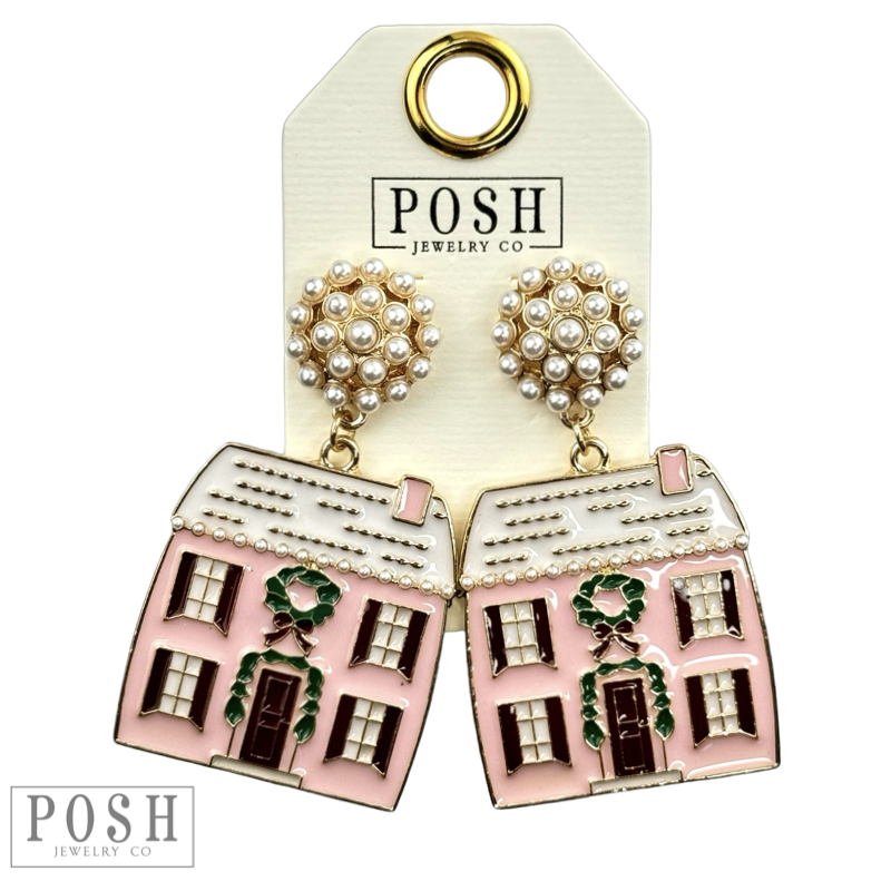 Pink enamel Christmas house earrings with pearls