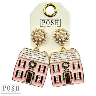 Pink enamel Christmas house earrings with pearls