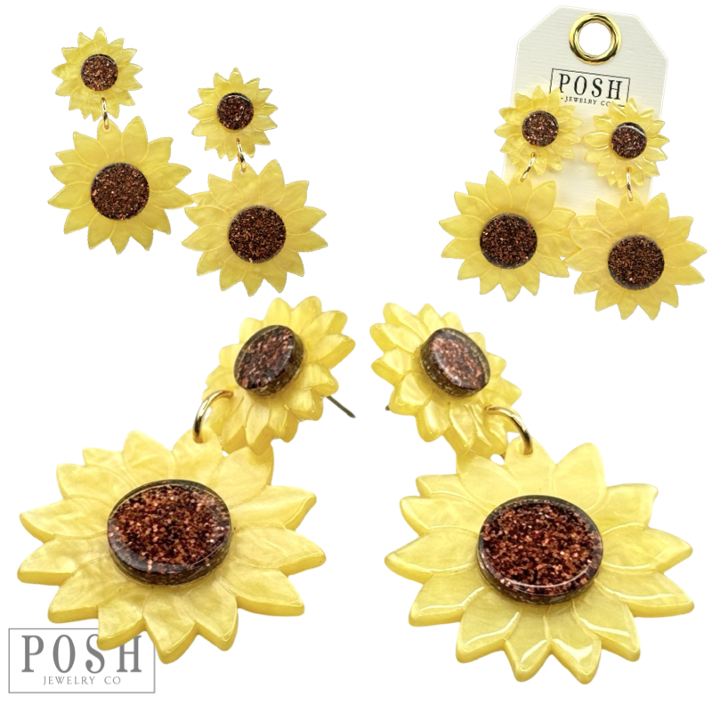 Double acrylic fall sunflower earring with glitter