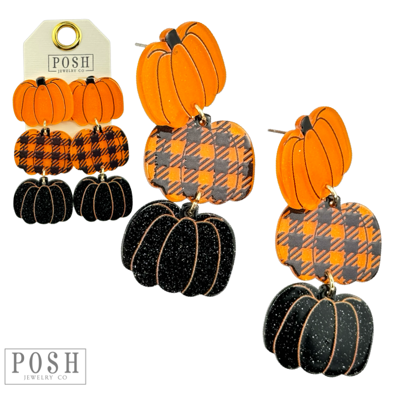 Orange, buffalo plaid and black glitter pumpkin earrings