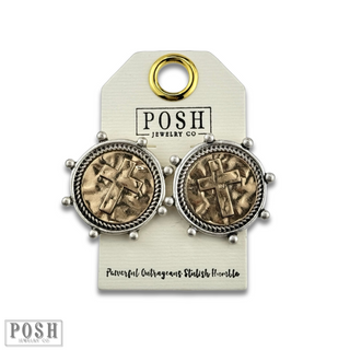 Two tone cross post earring