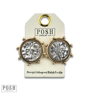 Two tone cross post earring