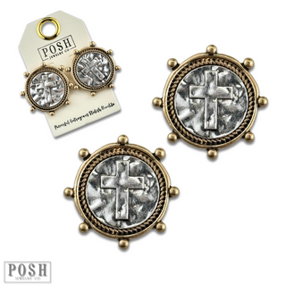 Two tone cross post earring