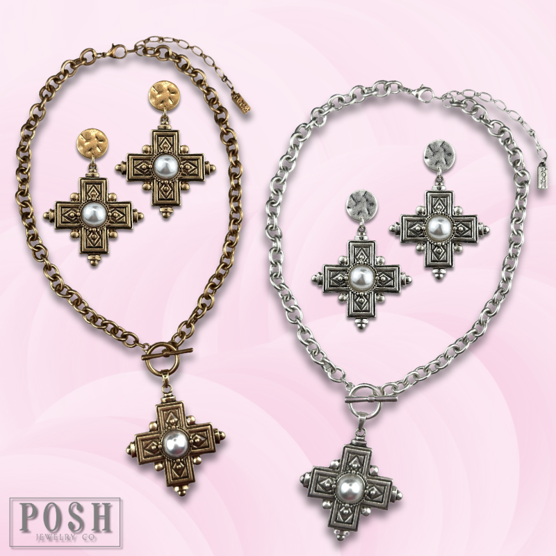 Antique look cross pendant on toggle chain necklace