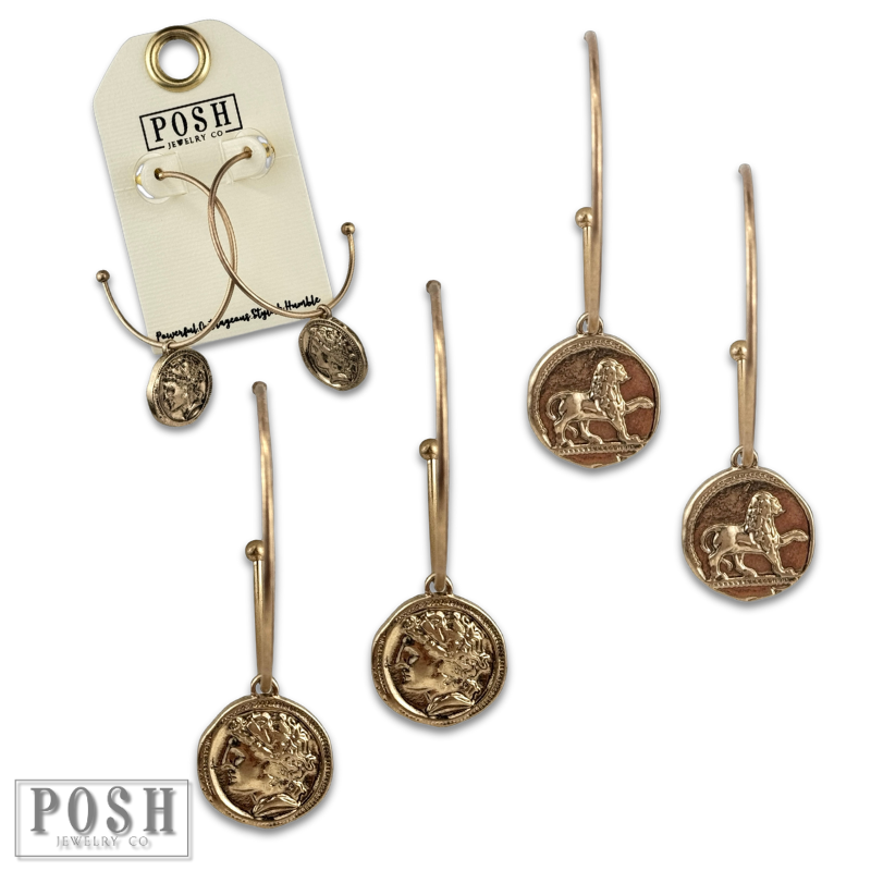Gold coin charm hoop earring