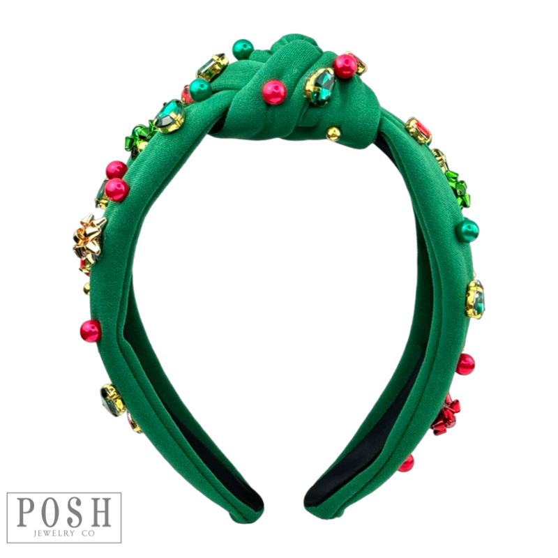 Christmas color rhinestone headband with gift bow and bead charms
