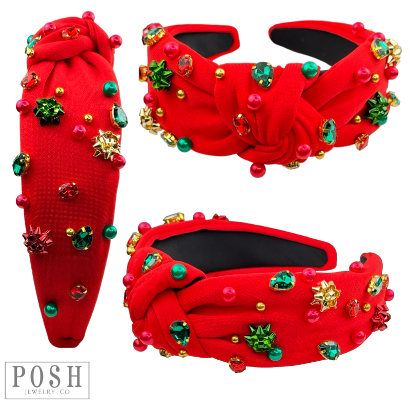 Christmas color rhinestone headband with gift bow and bead charms