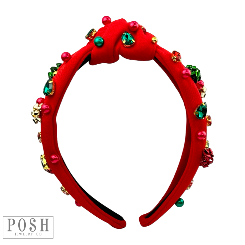 Christmas color rhinestone headband with gift bow and bead charms