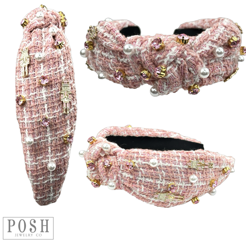 Pink bouclee headband with Christmas nutcracker charms, rhinestones and pearls