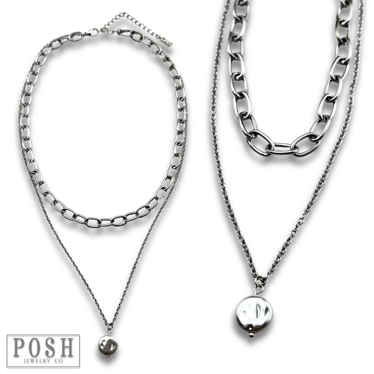 Double chain and pearl disc necklace, last call