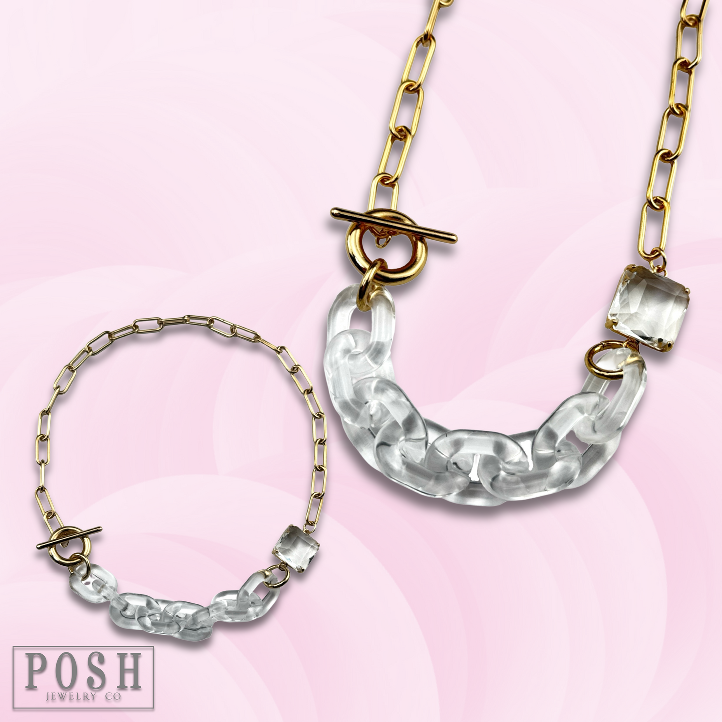 Gold and clear chain toggle necklace, last call