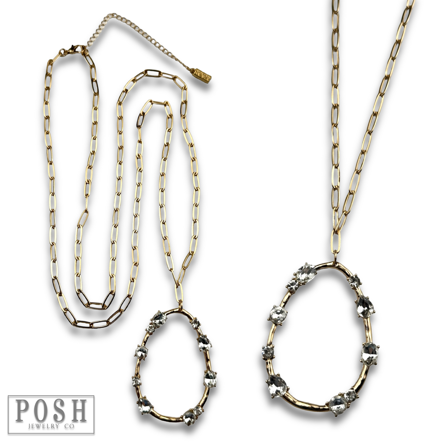 Long chain necklace, rhinestone teardrop pendant, last call
