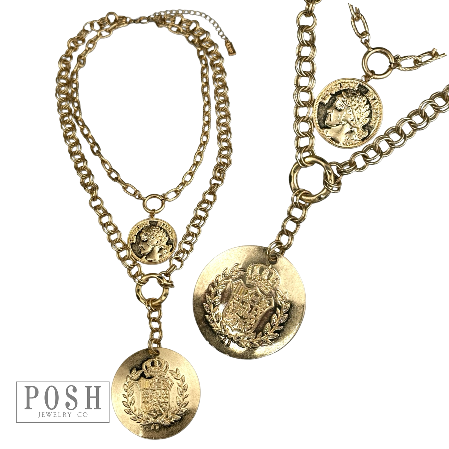 Double coin charm gold chain pendant necklace