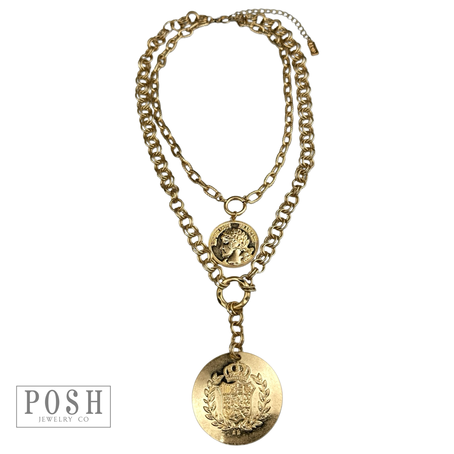 Double coin charm gold chain pendant necklace