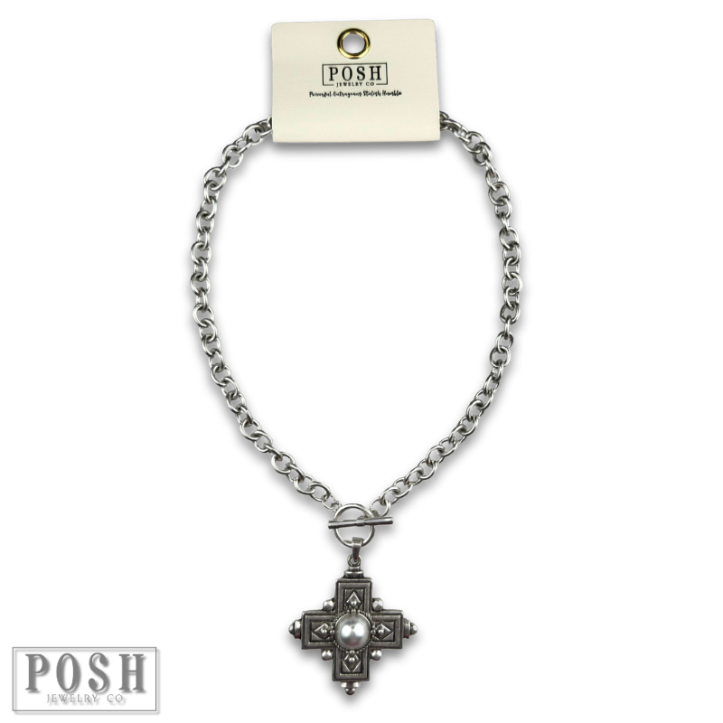 Antique look cross pendant on toggle chain necklace