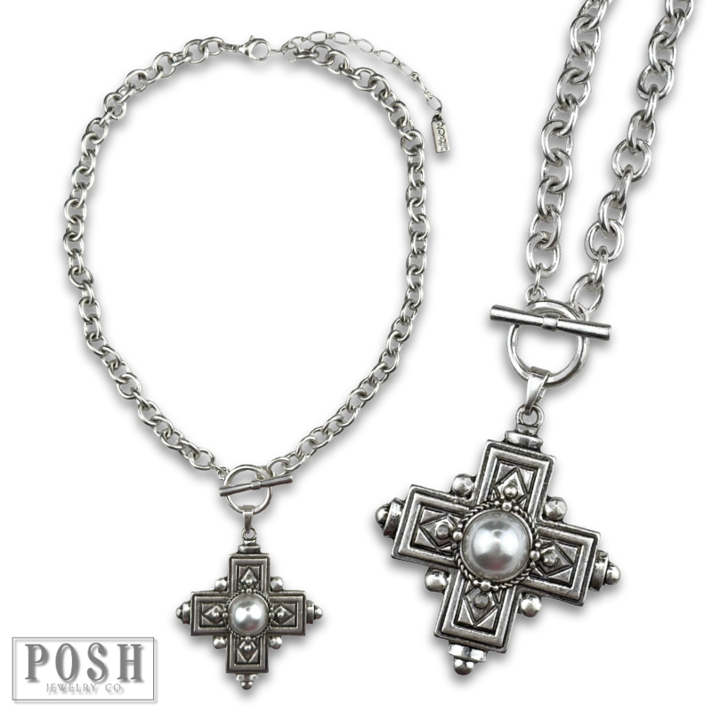 Antique look cross pendant on toggle chain necklace