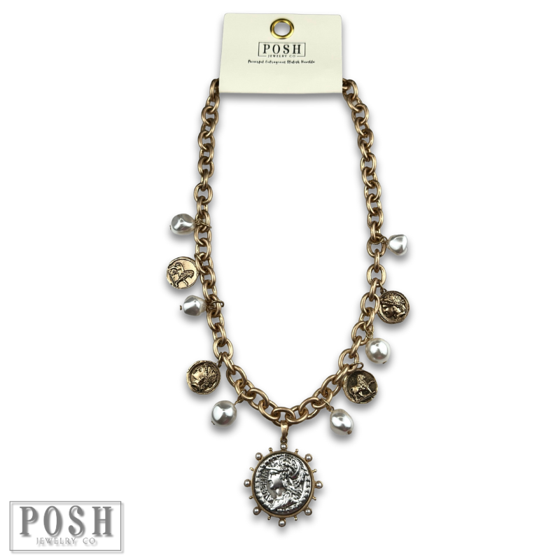 Coin and pearl bead charm necklace
