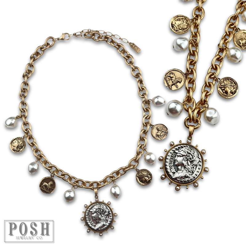 Coin and pearl bead charm necklace
