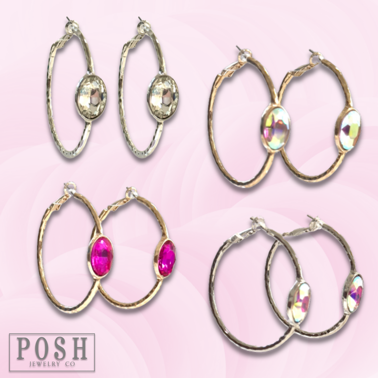 Rhinestone oval hammered hoop earring
