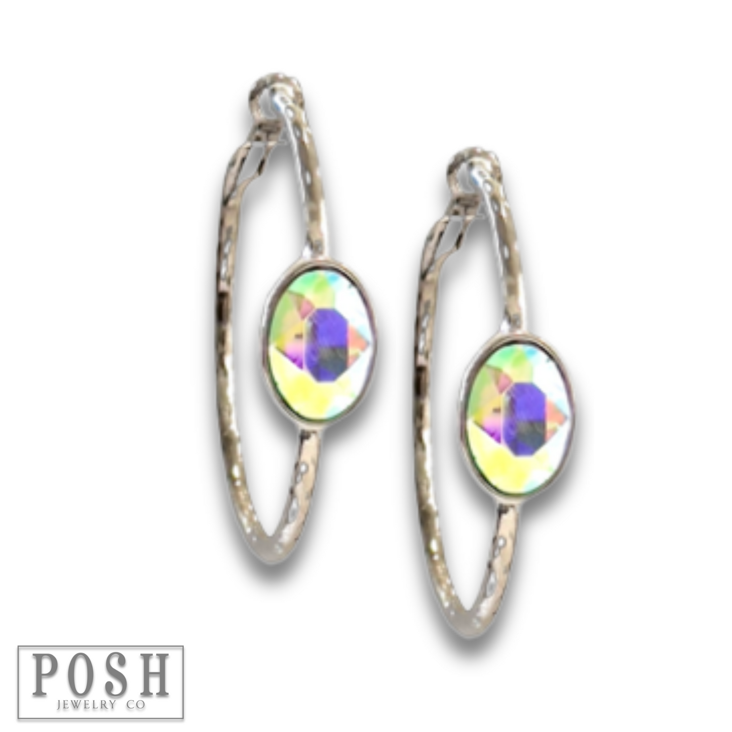 Rhinestone oval hammered hoop earring