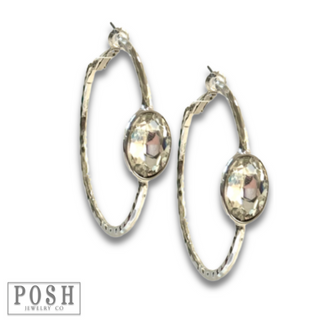 Rhinestone oval hammered hoop earring
