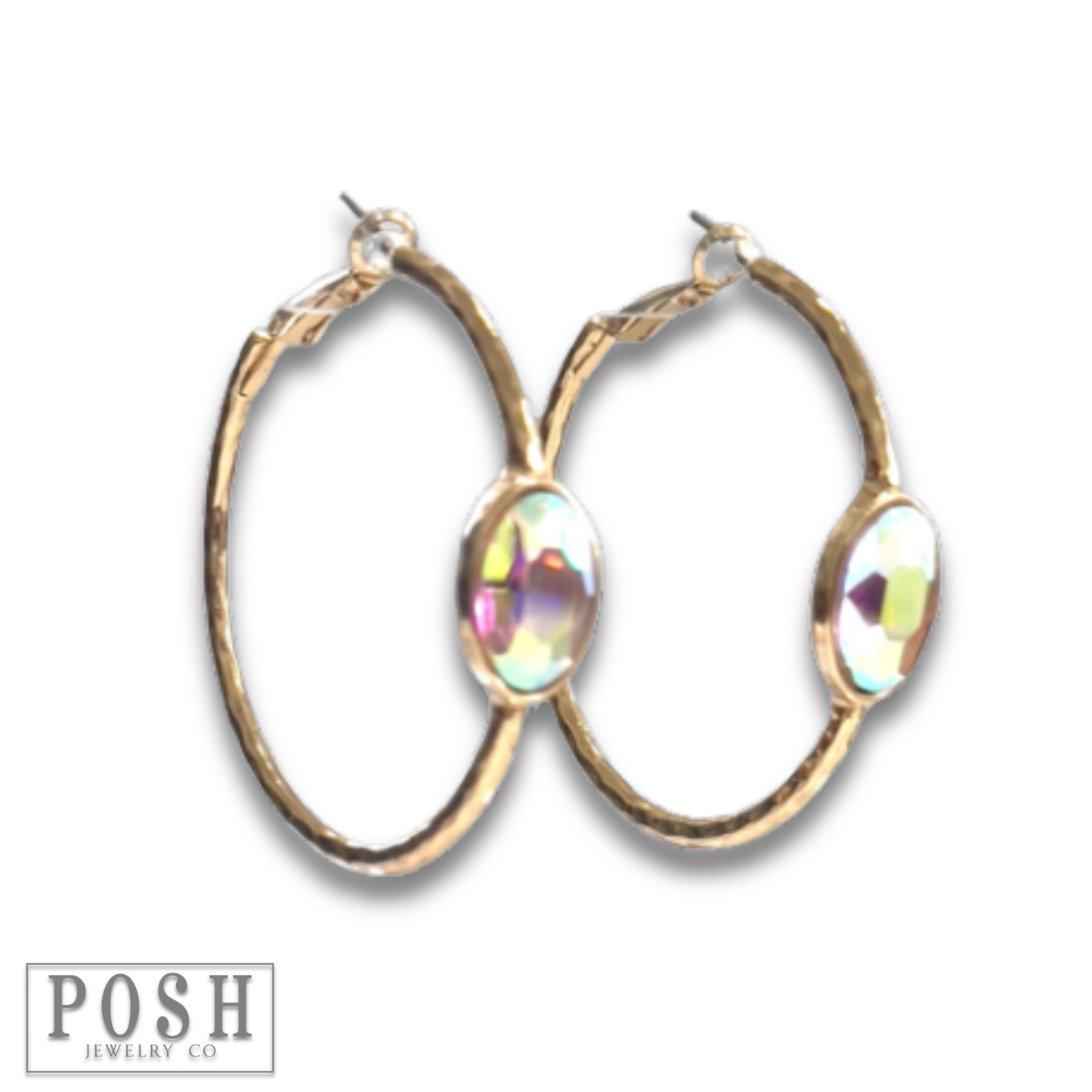 Rhinestone oval hammered hoop earring