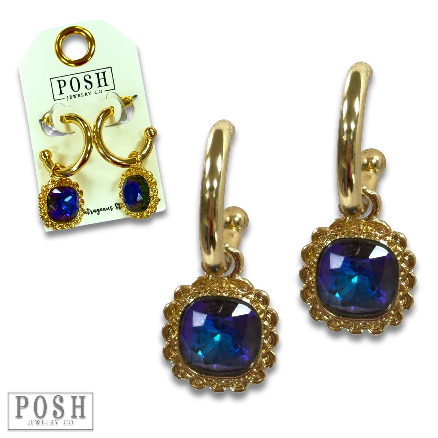 Square rhinestone dangle hoop earring
