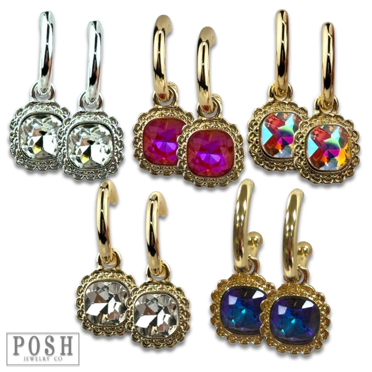 Square rhinestone dangle hoop earring